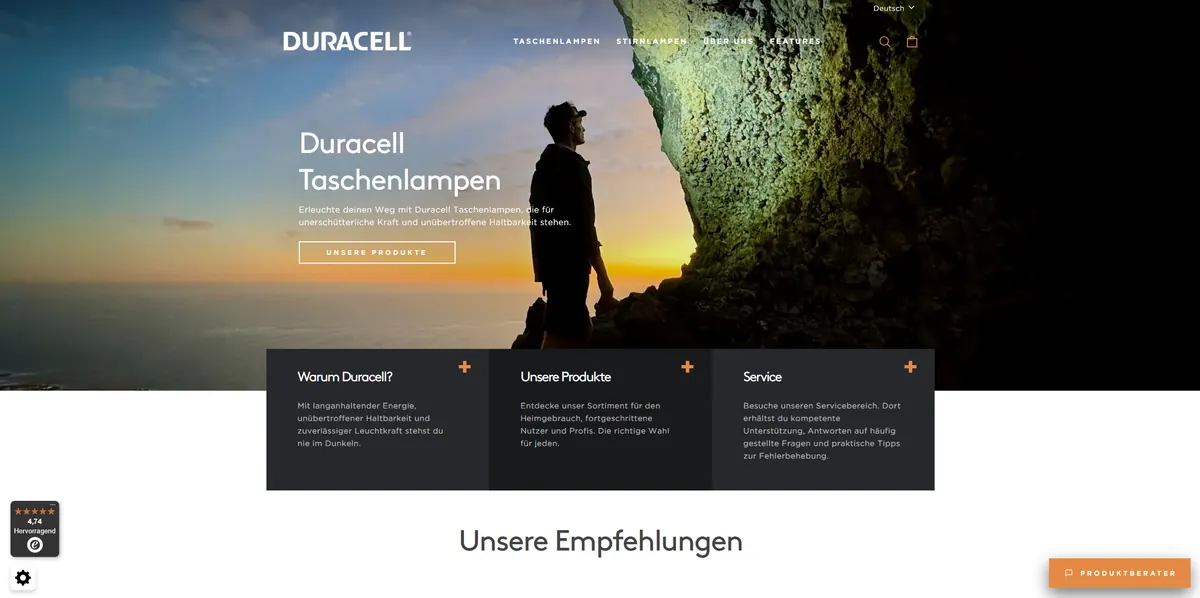 Screenshot der Website von Duracell Lights